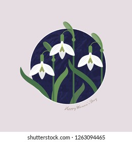 International Women's Day 8 March. Floral spring background of spring flowers snowdrops. Flat illustration for use as logos, for greeting card. Snowdrops on a circle