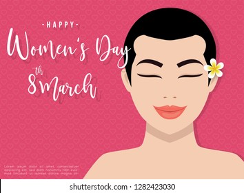 International Women's Day. 8 march. Happy womens day. Women avatar, smile women face flat design vector with black hair. Vector template with lettering design. Vector illustration. Eps10