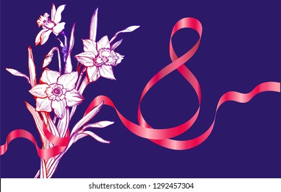  International Womens Day 8 march greeting card with cohtoured hand drawn bouquet of spring flowers with satin pink red ribbon on trendy phantom blue. Concept design for cards, poster, banner of site.