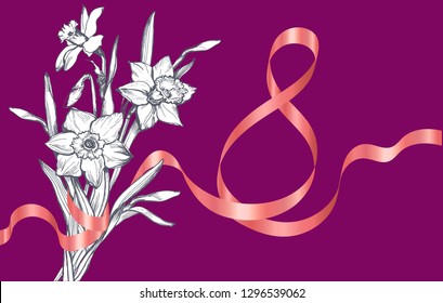  International Womens Day 8 march greeting card with monochrome hand drawn spring flowers with satin pink ribbon as numeral 8. Conceptual design for holiday cards, poster, banner of site.