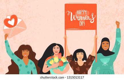 International Women's Day, 8 march concept. Group of women different nationalities and cultures holding a flag with congratulations and envelope with heart. Vector illustration.