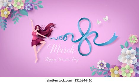 International Women's Day 8 march with frame of flower and leaves , Paper art 3d from digital craft style.