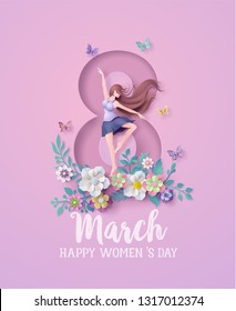 International Women's Day 8 march with frame of flower and leaves. Paper art 3d from digital craft style.