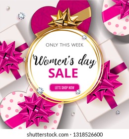 International Women's day 8 march sale template web banner with click button, big discount. Decorative gift box with pink bow in white background with diamonds and pearls. Vector ads background