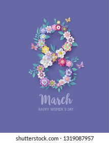 International Women's Day 8 march with frame of flower and leaves , Paper art style.