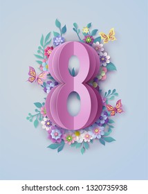 International Women's Day 8 march with frame of flower and leaves , Paper art style.