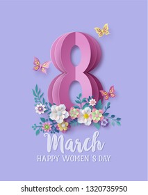 International Women's Day 8 march with frame of flower and leaves , Paper art style.