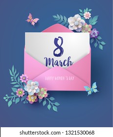 International Women's Day 8 march with frame of flower and leaves , Paper art style.