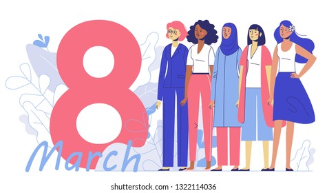 International womens day 8 March, women empowerment movement. Group of female different characters of diverse ethnicity standing together.