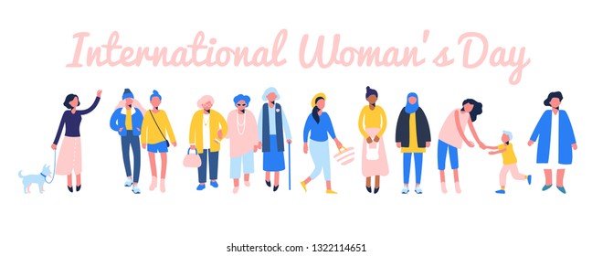 International womens day 8 March, women empowerment movement. Group of female different characters of diverse ethnicity and age standing together.