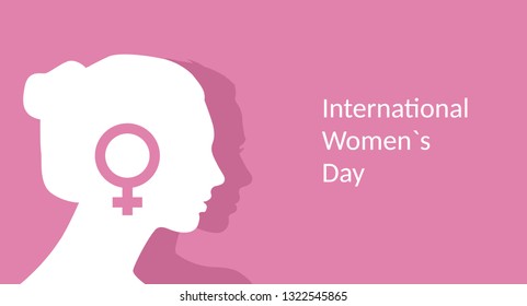 International Women`s Day. 8 March. Woman head silhouette on pink background. Vector