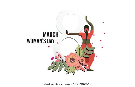 International Women's Day 8 march with frame of flower and leaves. Paper art 3d from digital craft style. - Vector