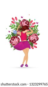 International Women's Day 8 march with frame of flower and leaves. Paper art 3d from digital craft style. - Vector