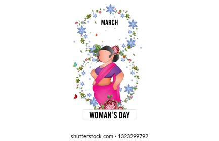 International Women's Day 8 march with frame of flower and leaves , Paper art style. - Vector