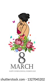 International Women's Day 8 march with flowers, mom carrying on baby Paper art style. - Vector