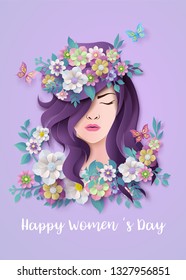 International Women's Day 8 march with frame of flower and leaves , Paper art style.