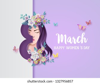 International Women's Day 8 march with frame of flower and leaves , Paper art style.