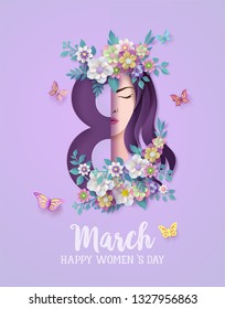 International Women's Day 8 march with frame of flower and leaves , Paper art style.