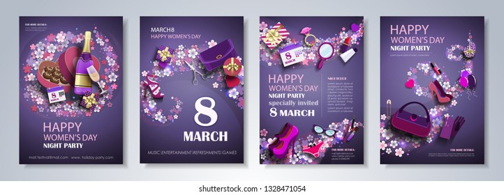 International Women's Day 8 march party flyer, brochure, holiday invitation, corporate celebration. Flower waves with Women's Accessories on purple background. Vector illustration.