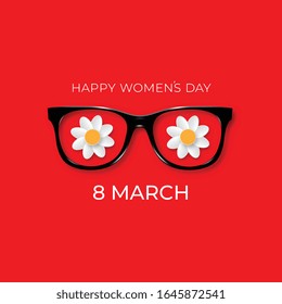 International Womens Day. 8 March. Black hipster glasses with white flowers. Vector illustration.