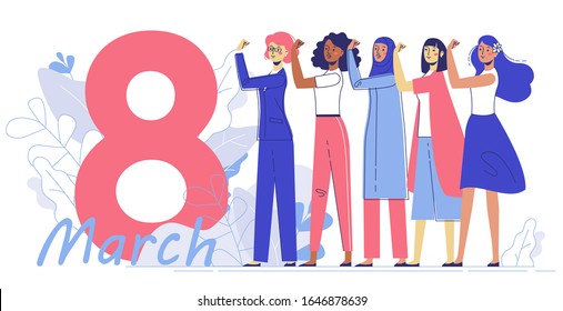 International womens day 8 March, women empowerment movement. Group of female different characters of diverse ethnicity standing together.