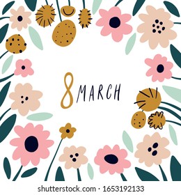 International Womens Day 8 March floral spring text template background with pink decorative flowers in scandinavian style, hand drawn art. Happy Women s Day template for greeting cards, banners, sale