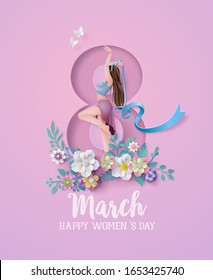 International Women's Day 8 march with frame of flower and leaves , Paper art style.