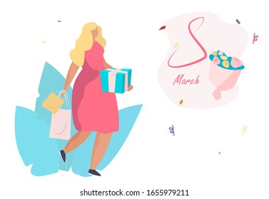 International women's day. 8 March. Bouquet of flowers. Blond Woman with box gift, girl power. Struggle for freedom, independence, equality. Сonfetti on background. Vector flat illustration.
