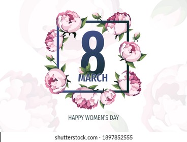 International Women's Day, 8 March banner design with pink peonies. Romantic floral design. A4 vector illustration for card, banner, poster, postcard, flyer.