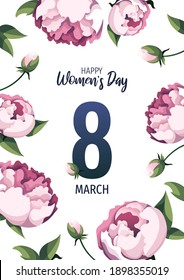 International Women's Day, 8 March banner design with pink peonies. Romantic floral design. A4 vector illustration for card, banner, poster, postcard, flyer.