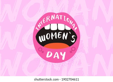 International Women's Day. 8 March. Typography poster design template with Lips. Vector