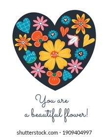 International Women's Day 8 March greeting card, poster, banner. Heart with flowers and inscription. Vector flat illustration