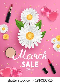 International Women's Day, 8 March, poster with flowers and cosmetics on a pink background, promotion for shopping.