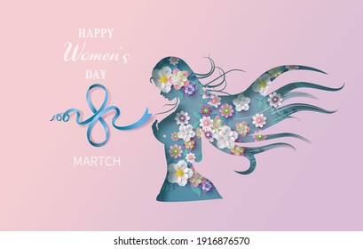 International Women's Day 8 march with frame of flower and leaves , Paper art style.