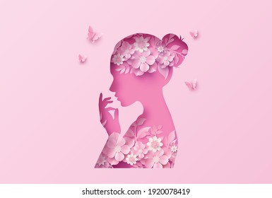 International Women's Day 8 march with frame of flower and leaves , Paper art style.