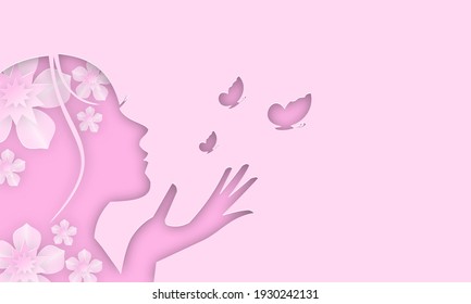 International women's day 8 march with frame of flower and leaves , paper art style