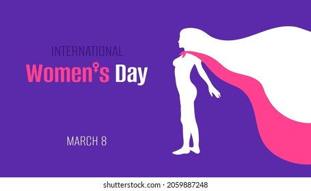 International Women's Day 8 March. Young girl white silhouette with pink hero cloak on purple background. Poster, banner, placard, flyer concept design. Vector illustration