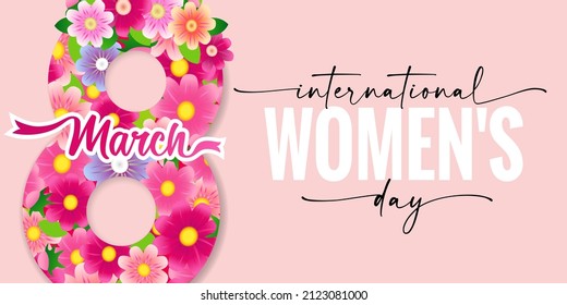 International womens day 8 March elegant lettering and pink flowers. Happy women's day greeting card with strong and elegant vector text