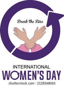 International women's day, 8 March 2022 concept banner. Women crossed hands inside women's day logo for gender equality and awareness against biasness. Campaign theme  of IWD - break the bias