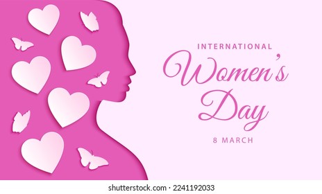 International women's day 8 March. Women's day background in paper art style with butterfly and heart elements. Greeting card, banner, poster. Vector illustration