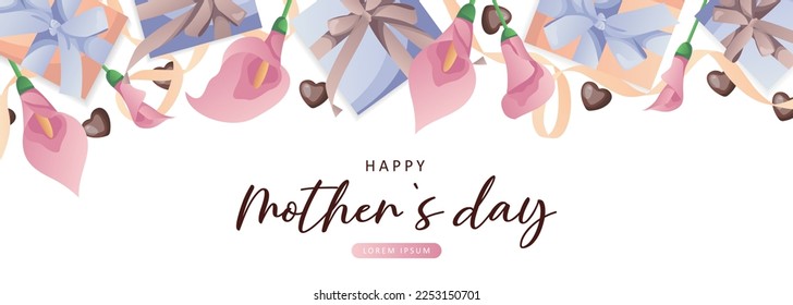 International Women's Day, 8 March banner design with pink calla lilies, chocolate hearts, gifts, ribbons. Romantic floral Mother's Day design for greeting card, poster, postcard, flyer. Vector
