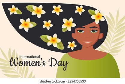 International Women's Day 8 March. A beautiful blooming girl with plumeria flowers in her long black hair smiles happily. Vector.