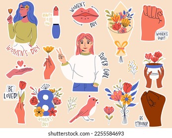 International women's day. 8 March. Sticker pack with girl power slogans and inspiration quotes