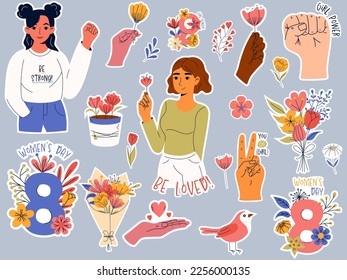 International women's day. 8 March. Sticker pack with girl power slogans and inspiration quotes