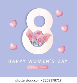 International Women's Day, 8 March banner design with number eight, pink calla lilies, chocolate hearts, gifts, ribbons. Romantic floral Mother's Day design for greeting card, poster, postcard, flyer.