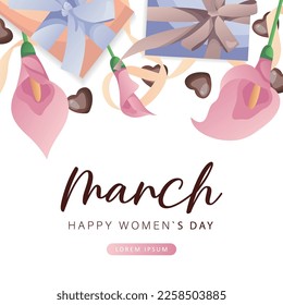 International Women's Day, 8 March banner design with number eight, pink calla lilies, chocolate hearts, gifts, ribbons. Romantic floral Mother's Day design for greeting card, poster, postcard, flyer.