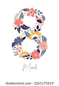 International Women's day 8 March greeting card, poster, invitation, banner decorated with flowers and leaves. EPS 10