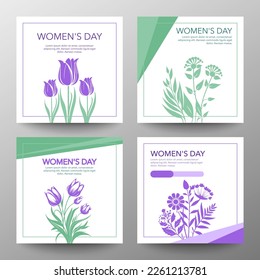 International Women's Day. 8 March posts collection. Editable post template set for banner sale, invitation, stories, streaming. Flowers Tulips bouquet. Social media story mockup.