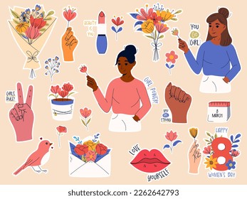 International women's day. 8 March. Sticker pack with girl power slogans and inspiration quotes