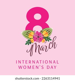 International Women's Day 8 March. Square greeting card with beautiful flowers. Eight with a bouquet of flowers on a pink background